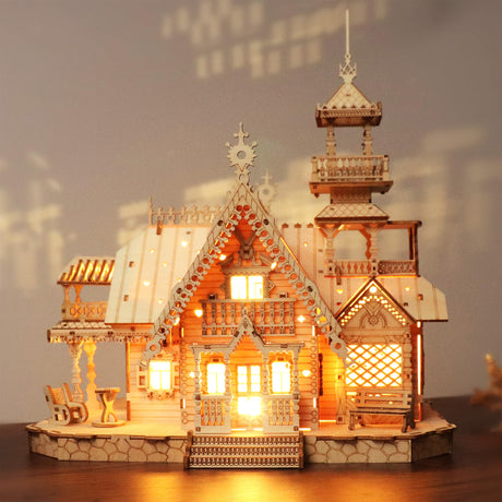 KWASVLYA Vintage Villa 3D Wooden Puzzle,Building Kits for Adults and Teens,Educational Brain Teaser Assembly Model with LED Lights,Skill Building and Creative Fun KWASVLYA