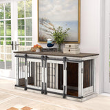 Erinnyees Large Dog Crate Furniture, 62.5'' Solid Wood Furniture Style Dog Crate with Removable Divider, Bite Resistant Dog Kennel Indoor, Dog Cage with Double Sliding Barn Door Design, White Erinnyees