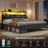 YITAHOME Queen Bed Frame with Storage Headboard, Upholstered LED Platform Bed with Charging Station, Heavy-Duty Metal Slats, No Box Spring Needed, Fast Assembly - Gray YITAHOME