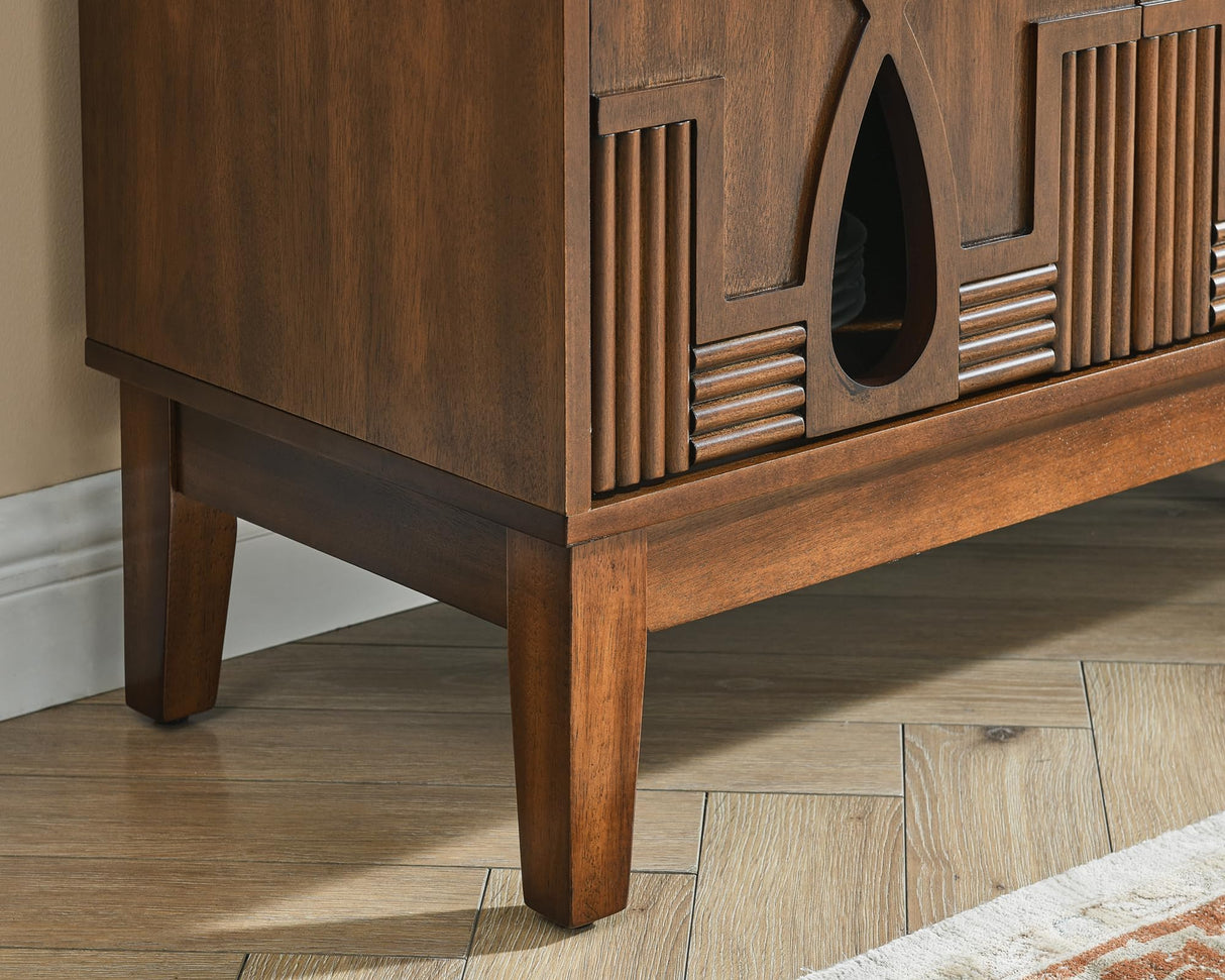 LKTART 60" Mid Century Modern Sideboard Buffet with Hollow Carved Doors and Outlet Holes,Vintage Accent Cabinet Credenzas Storage Cabinet Walnut LKTART
