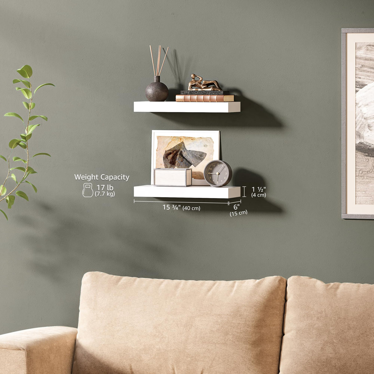 Ballucci Floating Shelves, 2-Pack 16" Wood Wall Shelf Set with Invisible Brackets for Bathroom, Living Room, Bedroom, Kitchen, Nursery, 6" Deep, White Ballucci