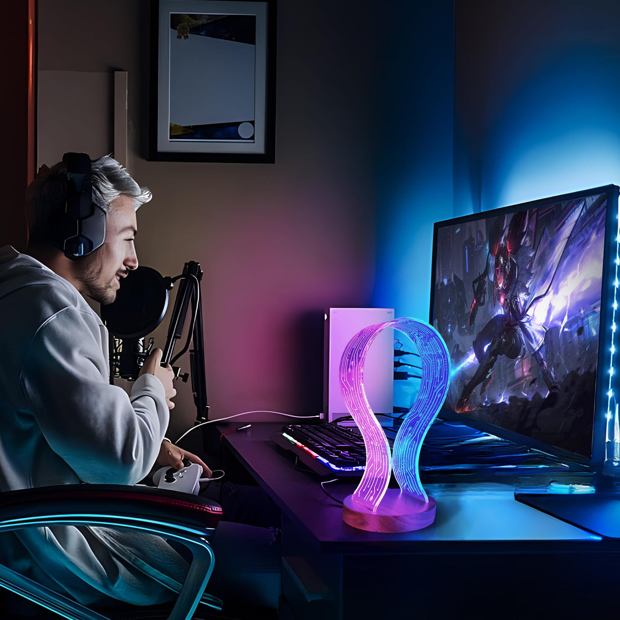 Lampeez Headphone Stand Headset Holder with Blue Pink LED Night Light Walnut Wood for Gamers, Music Lovers Gift Idea Lampeez