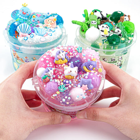 10 FL OZ Unicorn Slime Kit, Pink Clear Slime Bucket, Slimes Party Favors for Kids, Glimmer Crunchy Slimes Includes 9 Packs of Add-ins, Sensory Experience DIY Toys for Girls and Boys Ages 8-12 Okaybee