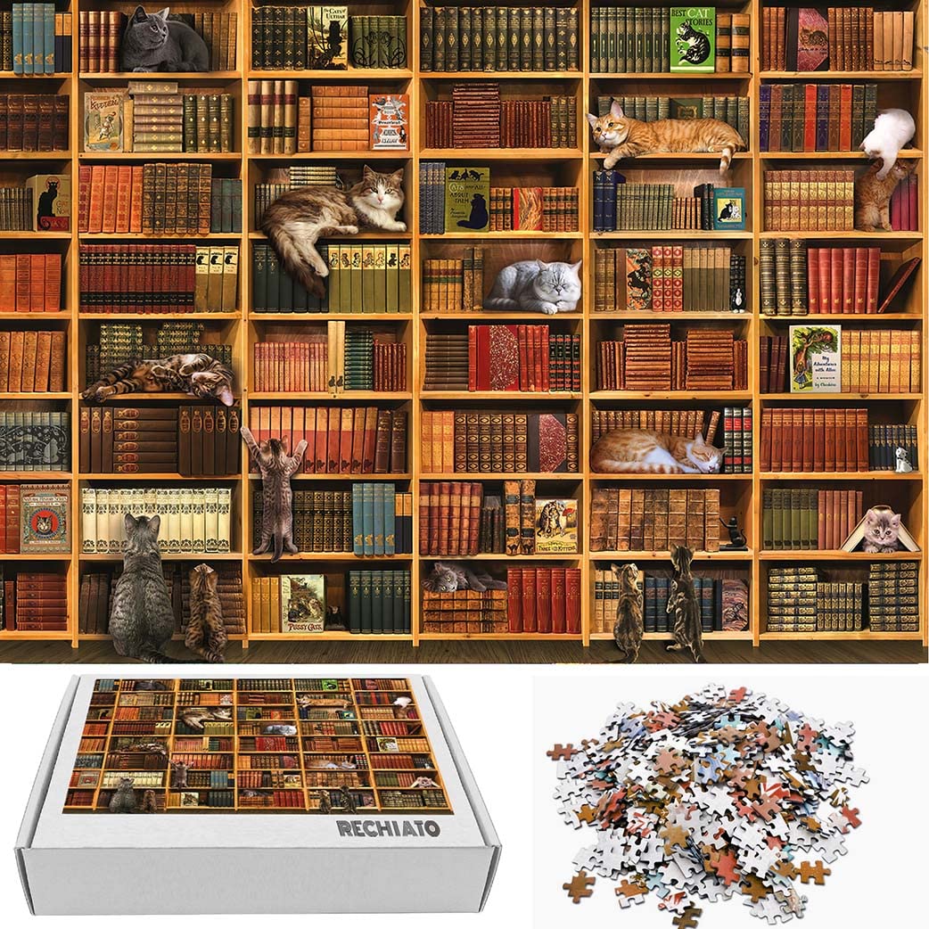 Puzzles for Adults 1000 Pieces and Up, Cats Library Jigsaw Puzzle, Funny Kitten Bookshelf Puzzles, Animal Pet Lover Challenging Puzzles for Friends Family Activity Game Nights Gifts