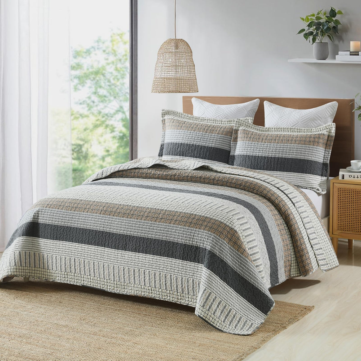 Y-PLWOMEN Quilts Queen Size 100% Cotton Queen Quilt, 3 Piece Striped Quilt Sets, Farmhouse Bedspread Lightweight Comforter Cozy Bedding Set for All Season Y-PLWOMEN