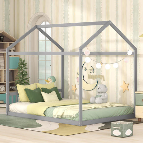Bellemave Gray Wooden Queen Size Montessori House Bed Frame for Kids Bellemave