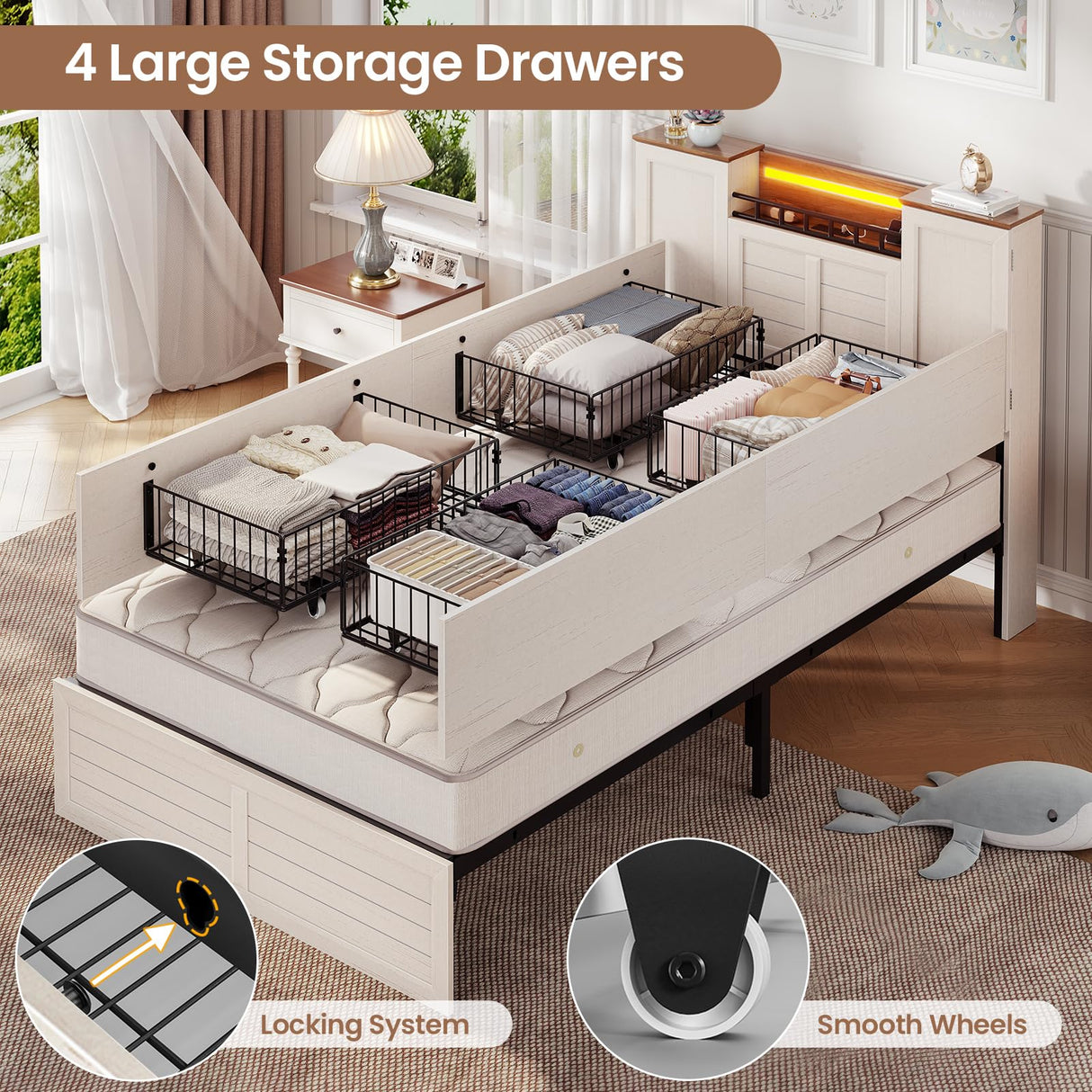 VIAGDO Farmhouse Twin Bed Frames with Headboard and Double Barn Door Storage Cabinets, Rustic Wooden Bed Frame Twin Size with Charging Station, 4 Drawers and LED Lights, No Box Spring Needed, White VIAGDO