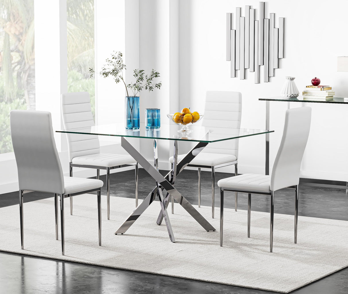 NIERN 5 Piece Dining Table Table Set, Tempered Glass Dining Table Set for 4 Kitchen Table Set with 4 Upholstered Chairs for Kitchen Dining Room (Sliver Table with White Chair) NIERN