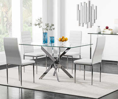 NIERN 5 Piece Dining Table Table Set, Tempered Glass Dining Table Set for 4 Kitchen Table Set with 4 Upholstered Chairs for Kitchen Dining Room (Sliver Table with White Chair)