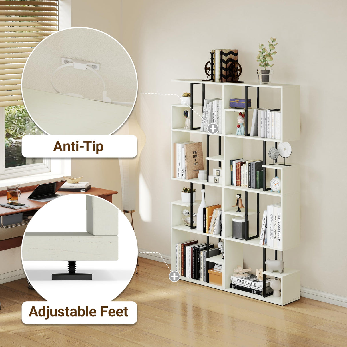 Manora 4 Tier Geometric Bookcase, S Shaped Bookshelf, Modern White Bookcase with Tall Display Shelves, Decorative Storage Shelf for Living Room and Bedroom Manora