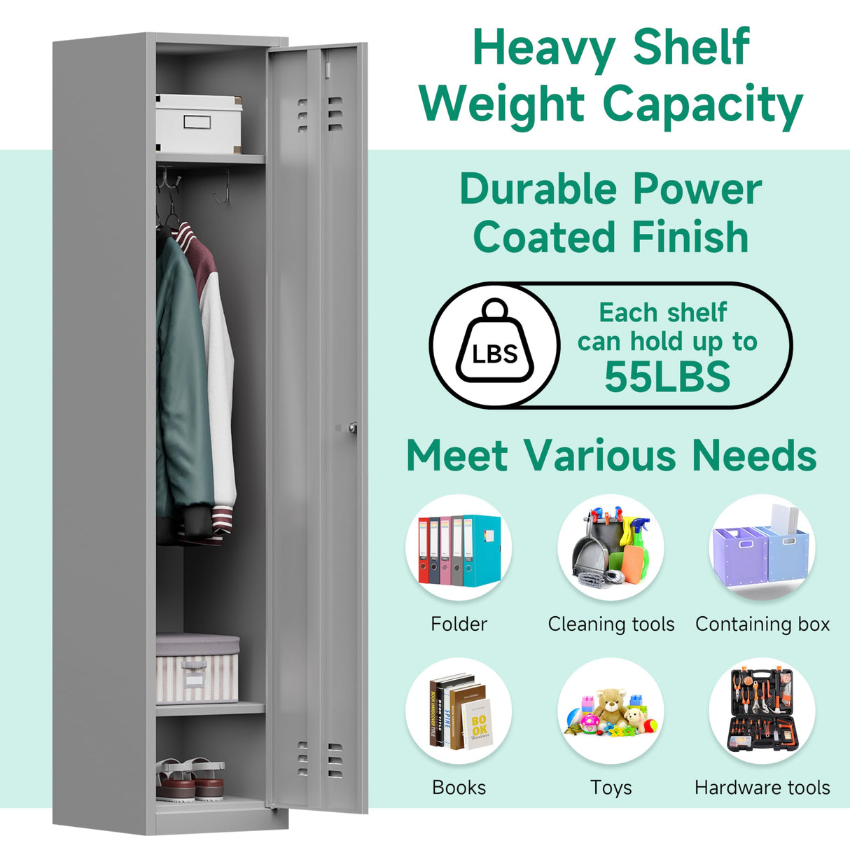 Kooyon Metal Lockers for Employees,71" Metal Storage Cabinet with Lock,1 Door Steel Storage Locker Cabinet for Home,Gym,School, Office,Garage-Assembly Required(Gray) Kooyon