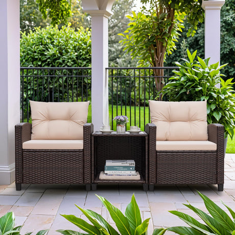 Greesum 3 Pieces Patio Furniture Sets Outdoor PE Rattan Wicker Chairs with Soft Cushion and Glass Coffee Table for Garden Backyard Porch Poolside, Beige Greesum