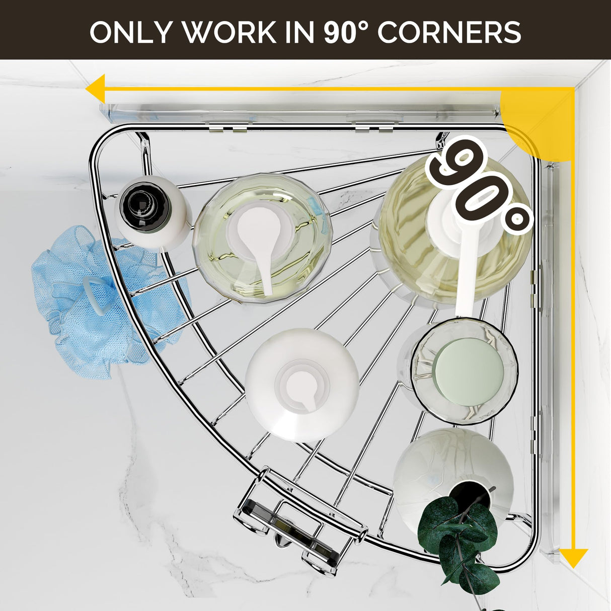 Orimade Corner Shower Caddy Stainless Steel with Hooks Wall Mounted Bathroom Shelf Storage Organizer Adhesive No Drilling 2 Pack, Silver Only for 90-Degree Corner Orimade