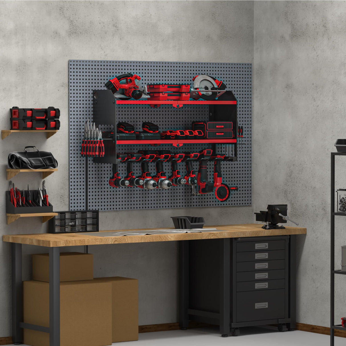 YYR Power Tool Organizer with Charging Station Wall Mount, Cordless Drill and Battery Holder for Garage Organization, Electric Tools Storage Rack Build in Surge Protection Power Strip - Red Shelf YYR