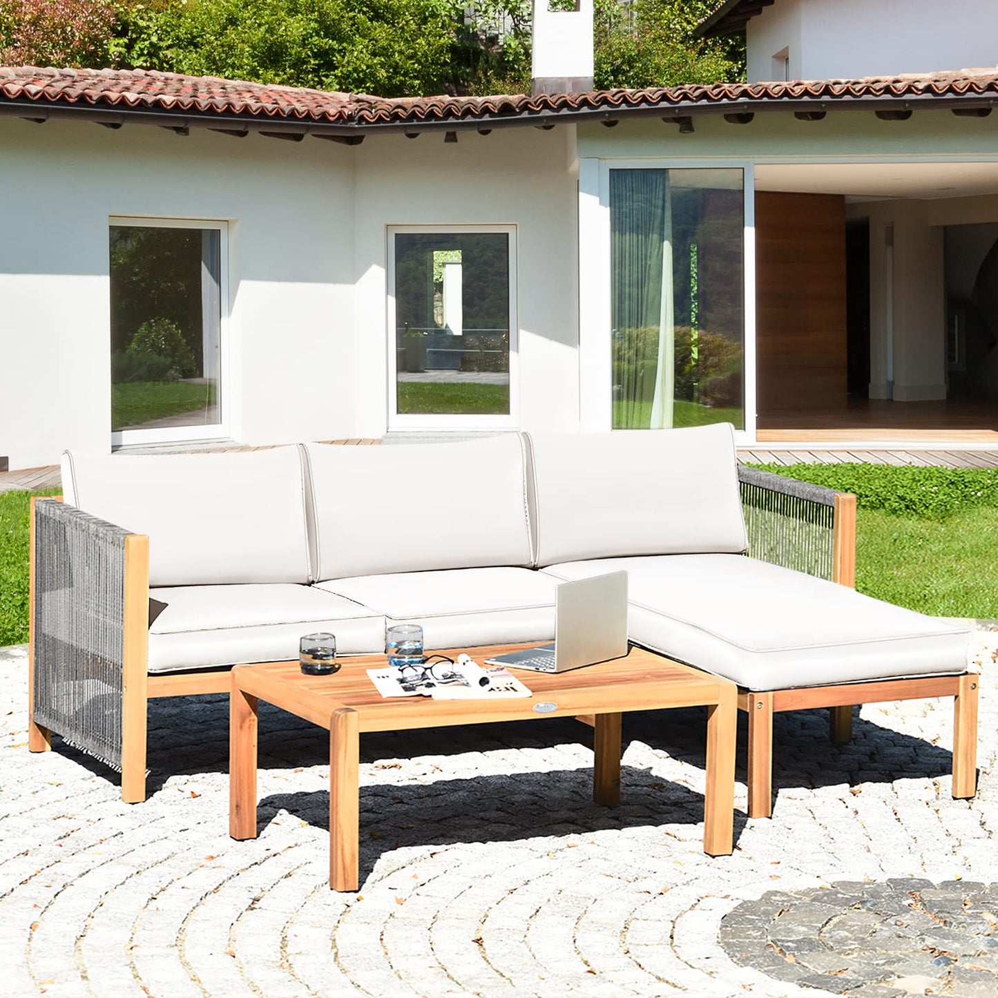 Tangkula L Shape Outdoor Furniture Set, 3 Piece Acacia Wood Patio Conversation Set, with 2 loveseats and Coffee Table, Garden Backyard Poolside Patio Seating Set (White) - WoodArtSupply