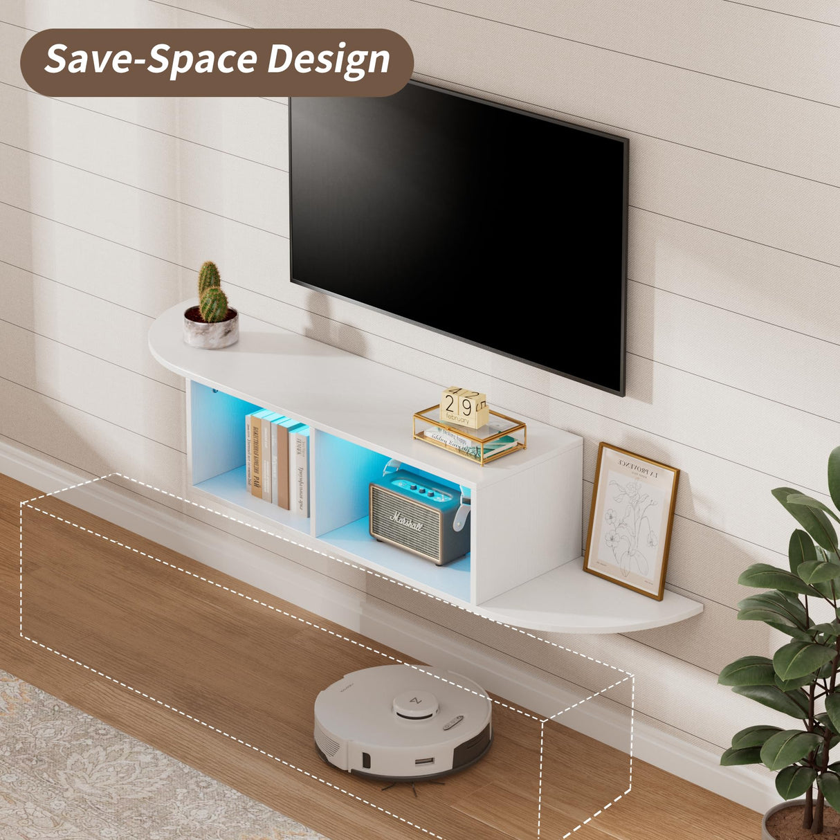 Algglobuy 59'' Modern TV Stand with Power Outlet, LED Entertainment Center with Open Storage Shelves for TVs up to 65 Inch, TV Media Console Table for Living Room, Bedroom (White) Algglobuy