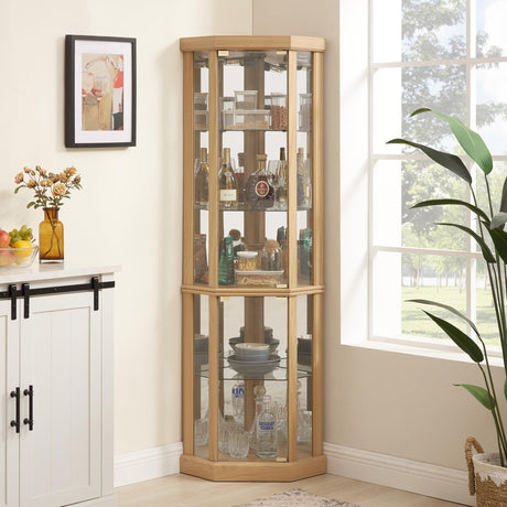 XZTUAJ 69" H Lighted Curio Cabinet - Corner Display Case with Adjustable Shelves and Tempered Glass, Wooden Cabinet with Mirrored Back Pane for Living Room (Light Oak) XZTUAJ