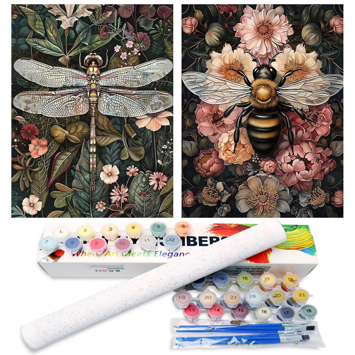 2 Pack Paint by Numbers Kit for Adults, Dragonfly Bee Paint by Numbers for Adults, DIY Adult Painting by Numbers Beginners on Canvas Acrylic for Home Wall Art Decor 12x16Inch (Rolled Package) Mandun