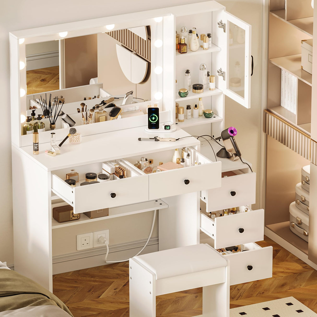 UGTOO White Vanity Table with Drawer Dresser, Farmhouse Vanity Makeup Desk with Charging Station, Vanity Desk with Lights Mirror & Drawers for Makeup, Vanity Desk with Storage Shelf & 5 Drawers UGTOO