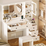 UGTOO White Vanity Table with Drawer Dresser, Farmhouse Vanity Makeup Desk with Charging Station, Vanity Desk with Lights Mirror & Drawers for Makeup, Vanity Desk with Storage Shelf & 5 Drawers UGTOO