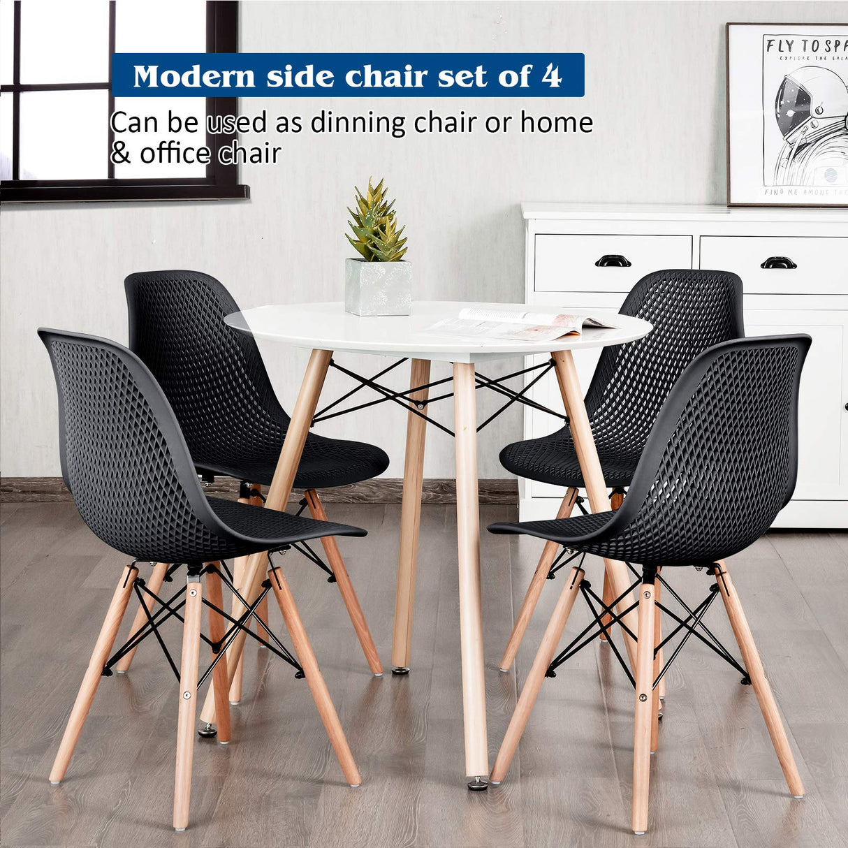 Giantex Set of 4 Modern Dining Chairs, Outdoor Indoor Shell PP Lounge Side Chairs with Mesh Design, Beech Wood Legs, Tulip Leisure Chairs, DSW Dining Chairs for Kitchen, Dining Room, Black Giantex