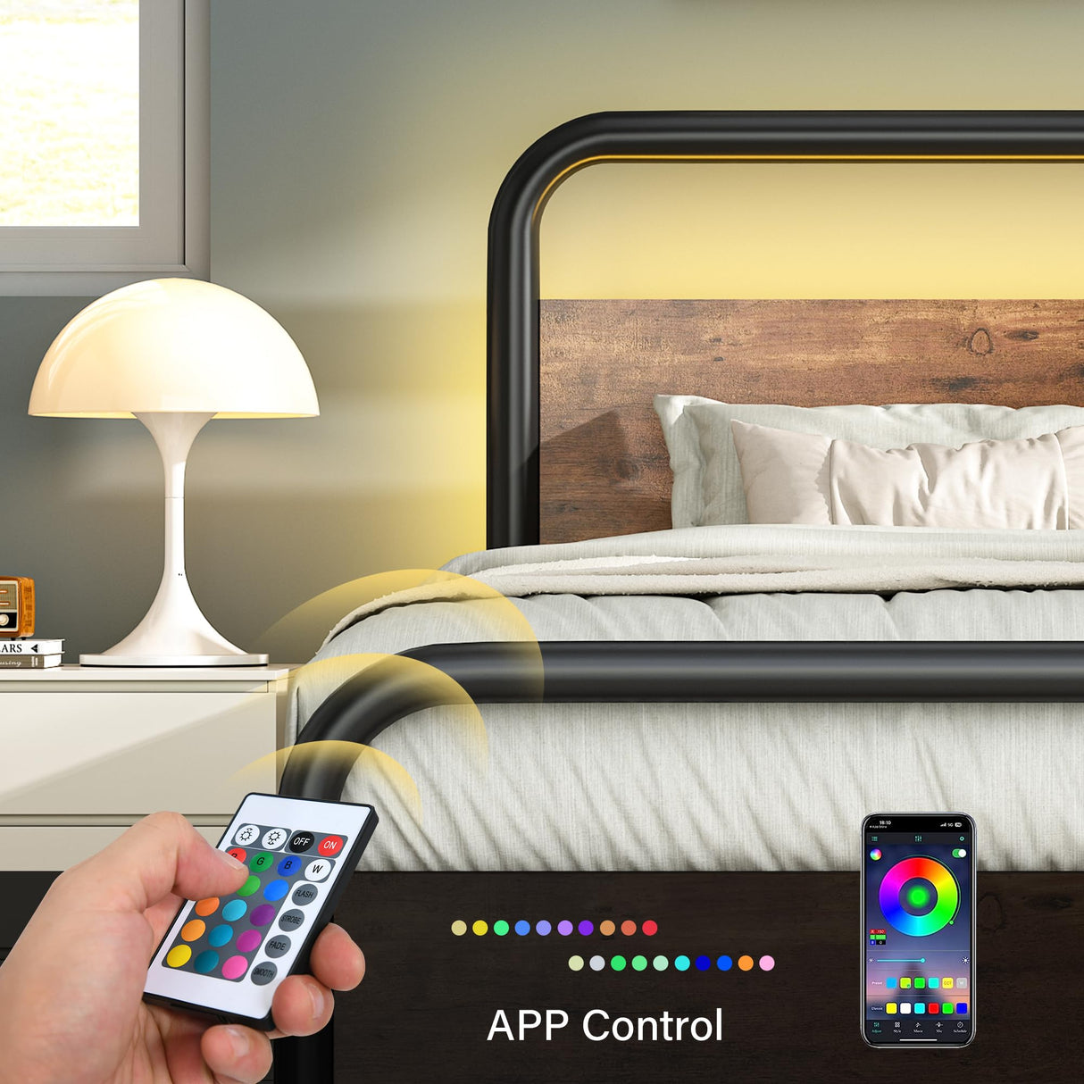 Catrimown Rustic Brown Twin Bed Frame with LED Headboard - Heavy Duty Metal Platform Design Catrimown