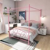 Albearing Canopy Bed Frame Platform Metal Bed Frame Heavy Duty Steel Slat and Support with Headboard and Footboard No Box Spring Required (Full, Pink) Albearing