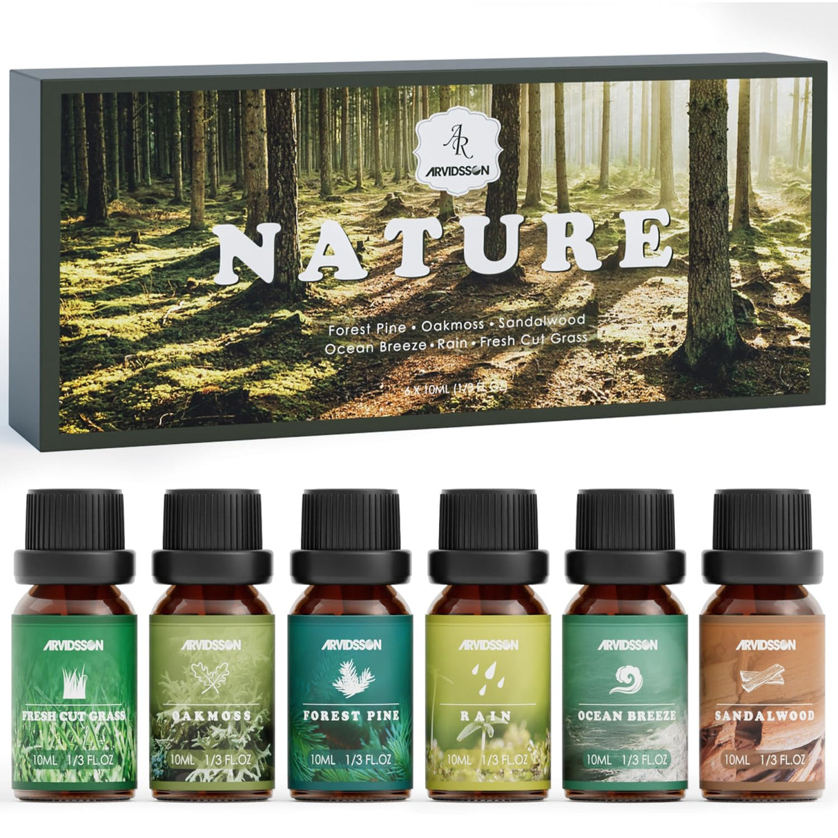 Nature Essential Oils Set, ARVIDSSON Natural Fragrance Oils for Candle Making, Fresh Cut Grass, Ocean Breeze, Rain, Pine, Sandalwood, Oakmoss, Diffuser Scented Oils ARVIDSSON