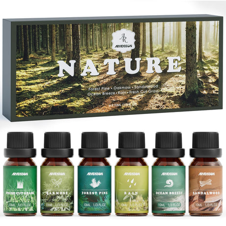 Nature Essential Oils Set, ARVIDSSON Natural Fragrance Oils for Candle Making, Fresh Cut Grass, Ocean Breeze, Rain, Pine, Sandalwood, Oakmoss, Diffuser Scented Oils ARVIDSSON