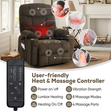 ABCASA Oversized Dual Motor Lay Flat Power Lift Recliner Chair with Massage, Heating, Lumbar Pillow, USB & Type-C Ports, Textile Lift Chairs Recliners, Large Recliner for Big & Elderly People - Brown ABCASA