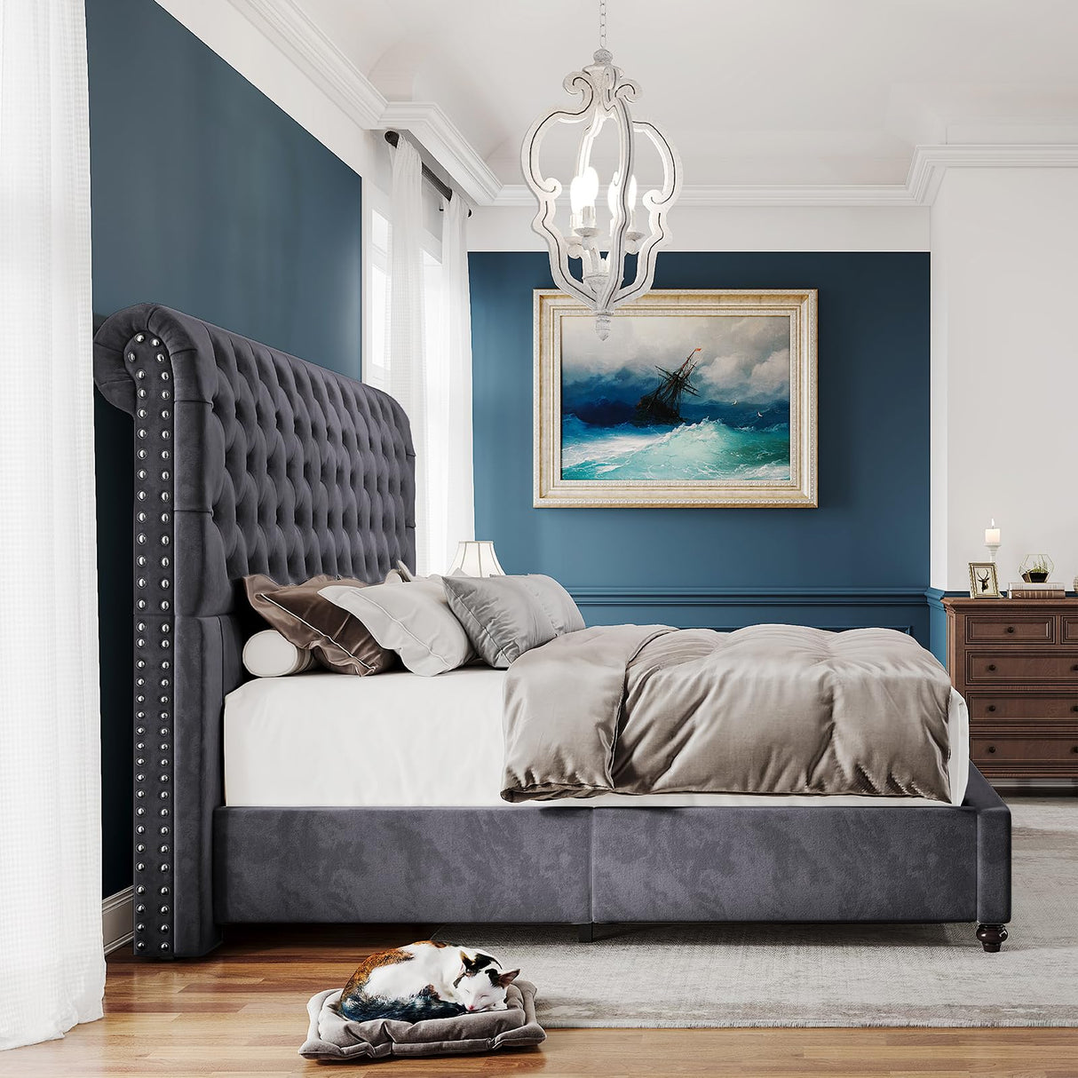 PaPaJet Bed Frame Queen Size Upholstered Platform Bed with 52.8'' Tall Sleigh Headboard, Button Tufted, No Box Spring Needed, Easy Assembly, Dark Grey PaPaJet