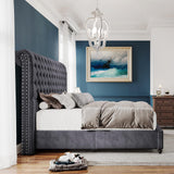 PaPaJet Bed Frame Queen Size Upholstered Platform Bed with 52.8'' Tall Sleigh Headboard, Button Tufted, No Box Spring Needed, Easy Assembly, Dark Grey PaPaJet