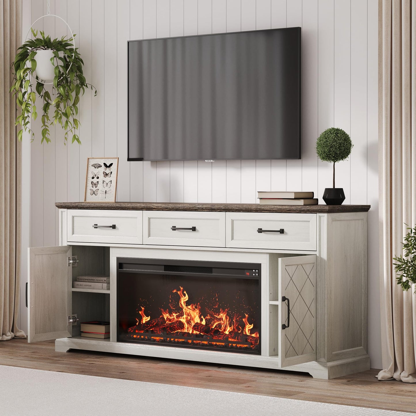 BELLEZE 68 Inch Farmhouse TV Stand with 36" Electric Fireplace with Sound, Entertainment Center with Storage Cabinets & 3 Drawers for TVs up to 75", Media Console for Living Room & Bedroom (White)