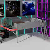 Full Size Wood Loft Bed with Desk and LED, Gaming Loft Bed Frame with Ladder, Grey MaiDeHaoo