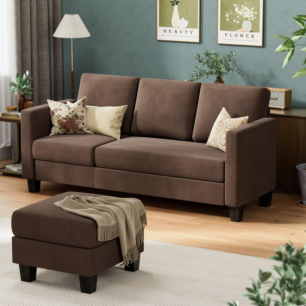 VICTONE Convertible Sectional Sofa Couch, 3 Seat L-Shaped Sofa with Linen Fabric, Movable Ottoman Small Couch for Small apartments, Living Room and Office (Brown) VICTONE