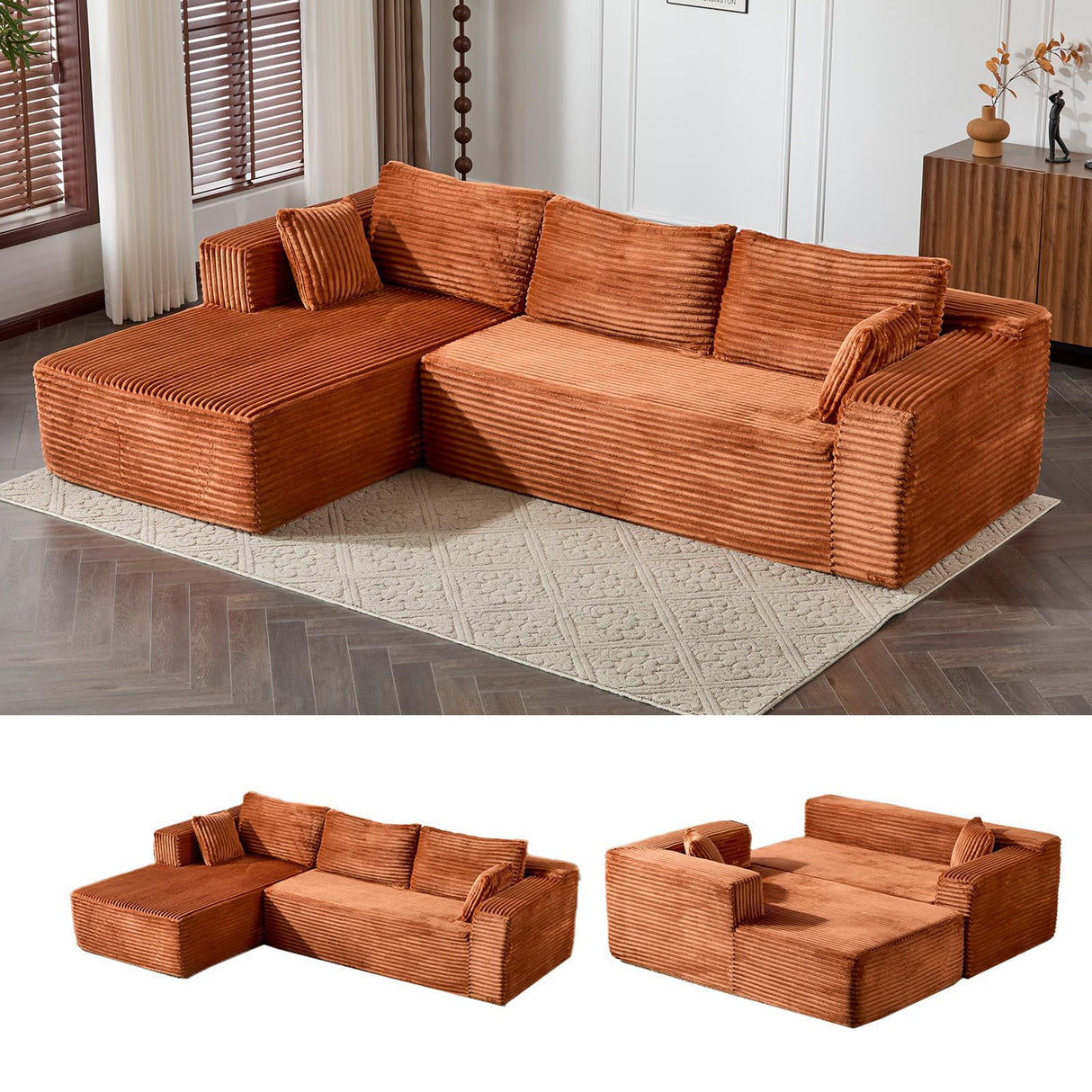 110" Modular Sectional Sofa with L-Shape Chaise, Boneless Cloud Couch with Deep Seat, Sponge Compression Sofas No Assembly Required, Upholstered Couches for Living Room Bedroom, Corduroy (Brown) ETCZOYE