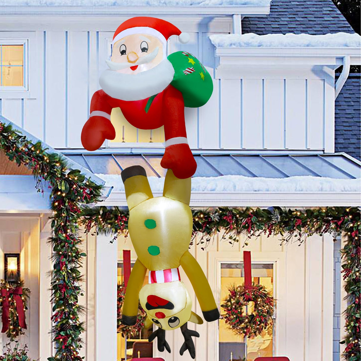 DR.DUDU 7 FT Christmas Inflatable Outdoor Decorations, Blow Up Santa Claus with Reindeer Hanging Xmas Inflatables Decor with LED Lights for Yard Lawn Porch Garden Holiday Party DR.DUDU