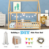 Bellemave Full Size Kids House Bed with Roof and Fence - Solid Wood Montessori Floor Bed in Natural Finish Bellemave