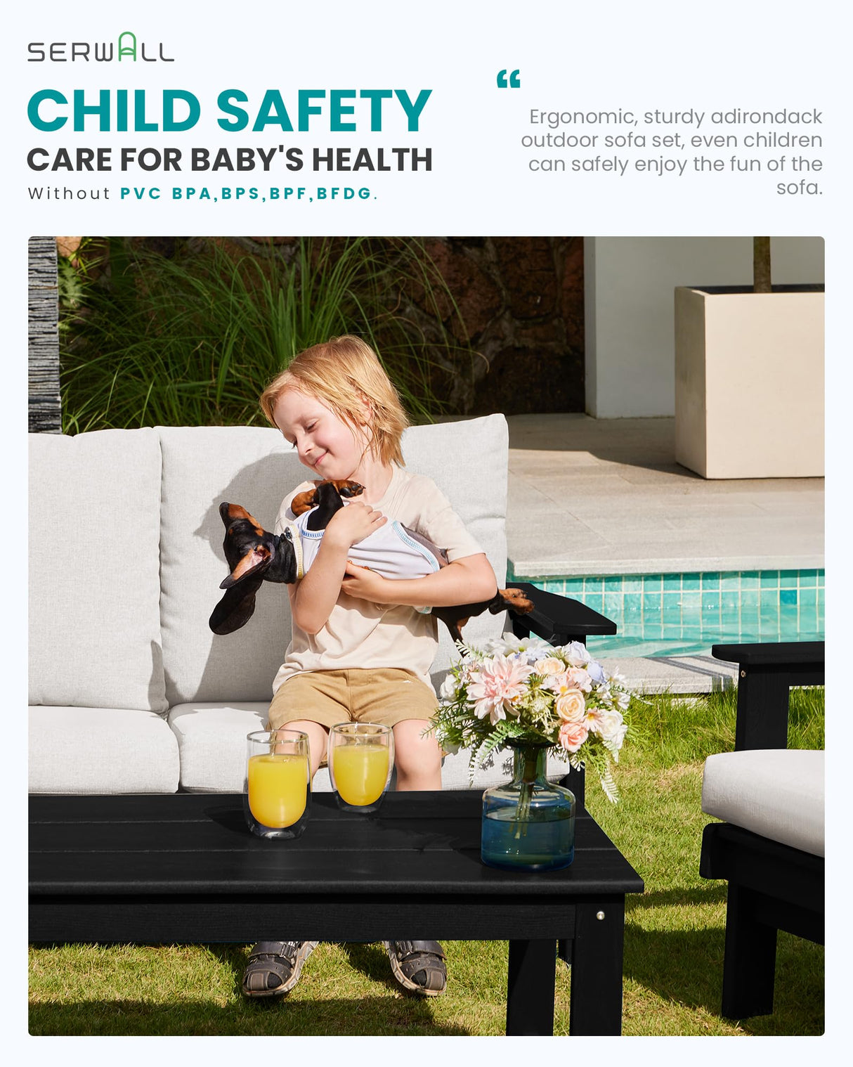 SERWALL HDPE Outdoor Patio Loveseat, Black Frame and Khaki Cushion SERWALL