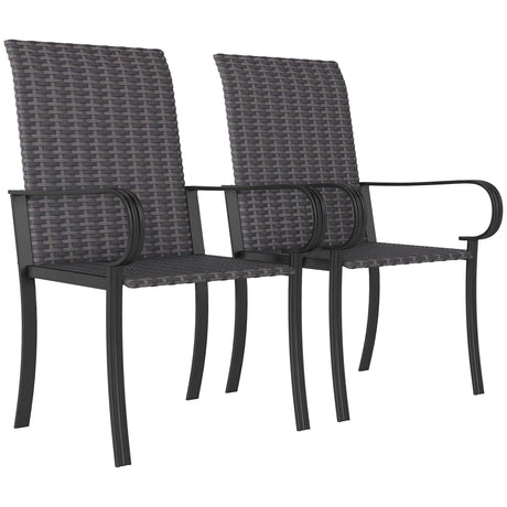 Outsunny Set of 2 Outdoor Wicker Dining Chairs, All-Weather Rattan Armchairs with Armrests, Steel Frame, High Back and Deep Seating, for Garden, Patio, Deck, Yard, Poolside, Brown Outsunny