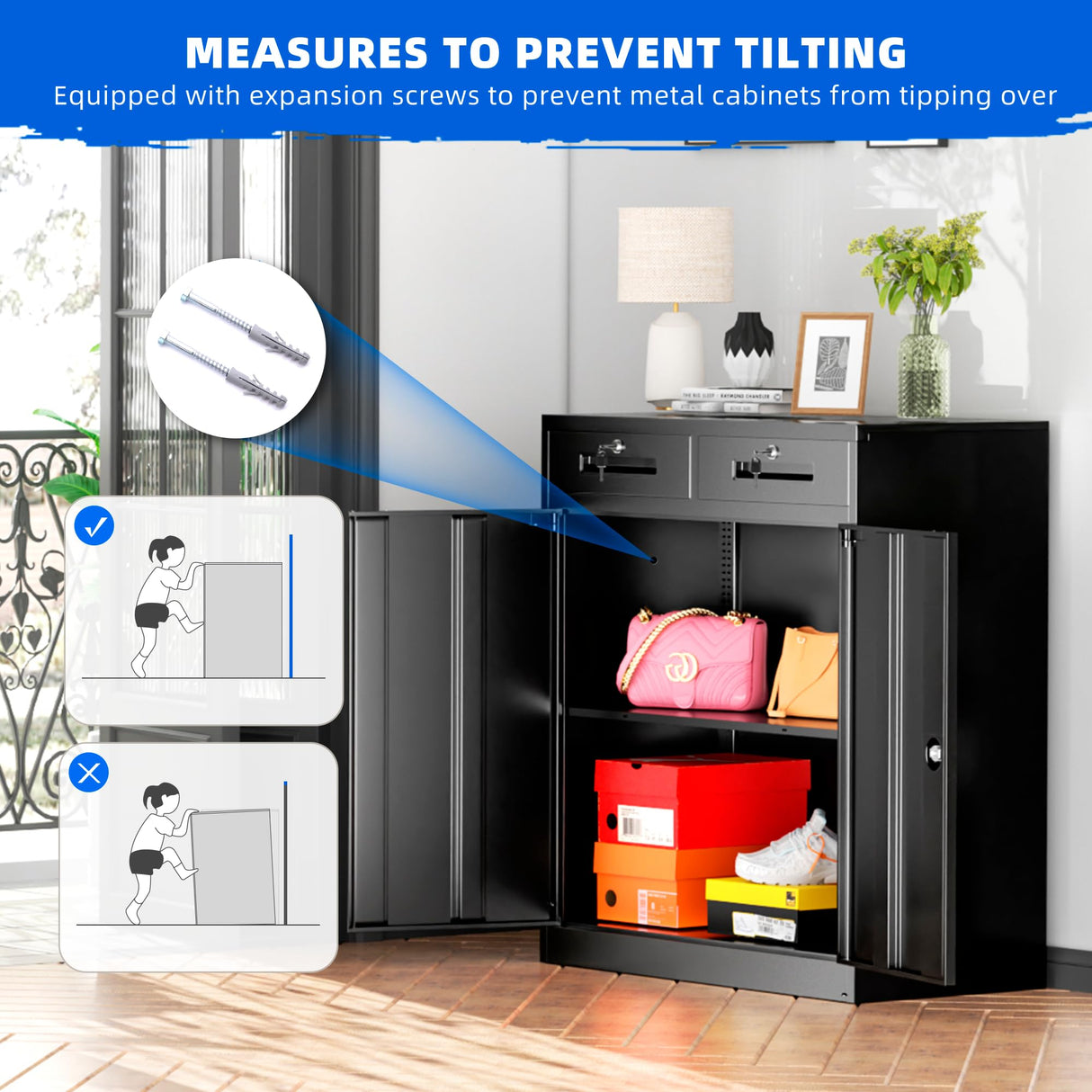 Superday 36" Locking Metal Storage Cabinet with 2 Drawers, Lockable Garage Storage Cabinet with Locking Doors and Adjustable Shelves, Black Tool Cabinet for Home Office, School, Etc Superday