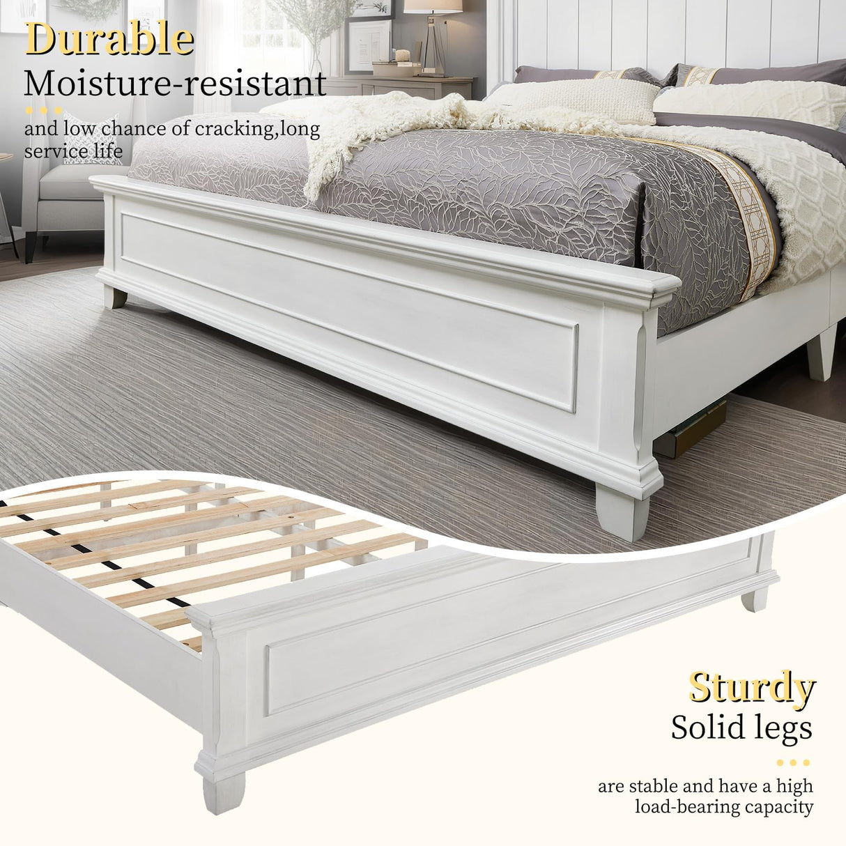 YUMPIE Farmhouse King Size Wood Bed Frame with Headboard and Footboard, No Box Spring Needed, Rustic Platform Bed with 12 Wood Slats Support, Distressed White YUMPIE