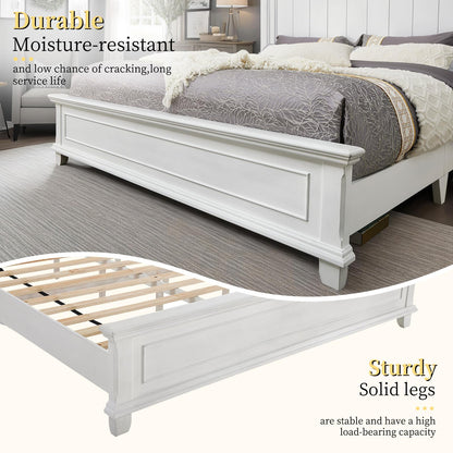 YUMPIE Farmhouse King Size Wood Bed Frame with Headboard and Footboard, No Box Spring Needed, Rustic Platform Bed with 12 Wood Slats Support, Distressed White