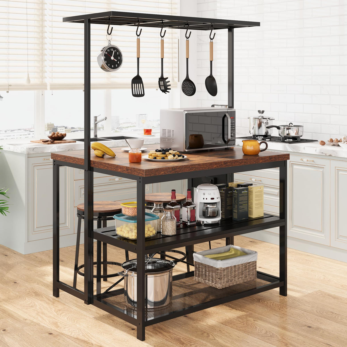 GarveeHome 47'' Large Kitchen Island with Power Outlet, Bakers Rack with Storage, Island Table for Kitchen, 3 Tier Microwave Stand Oven Shelf, Storage Shelf for Kitchen Dining Room Living Room, 5 Hook GarveeHome