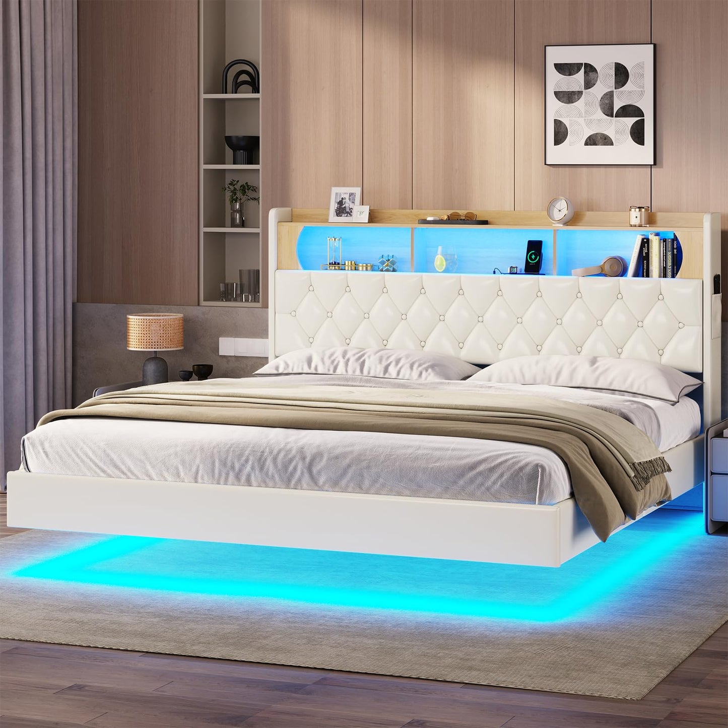 BTHFST Floating Bed Frame with LED Headboard, USB Charging, and Storage Solutions - WoodArtSupply