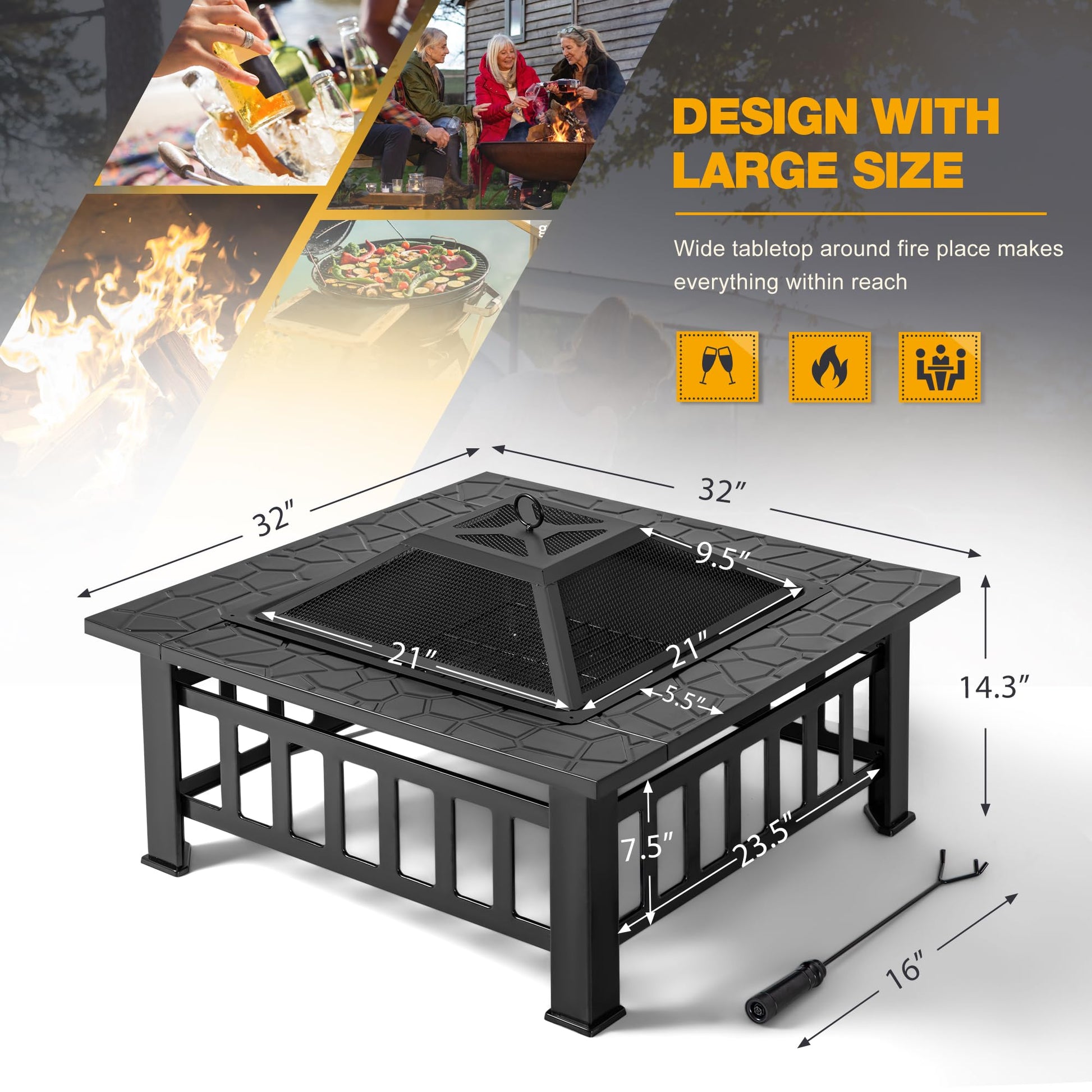 Devoko 32 inch Metal Outdoor Fire Pit Table Multiuse Square Patio BBQ Firepit with Spark Screen Lid and Waterproof Cover for Camping, Outside Wood Burning and Picnic Black - WoodArtSupply