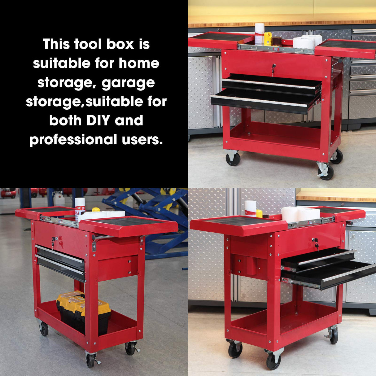 TCE Service Utility Tool Cabinet Cart 350 LBs 2 Drawer Slide Top, Black, ATC310U , Red TCE