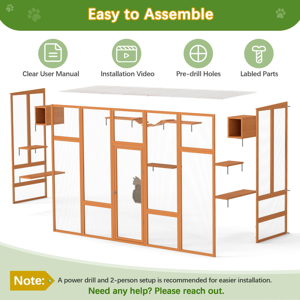 104" L Catio Outdoor Cat Enclosure Window, Wooden Walk-in Expandable Outdoor Large Cat Cattery for Multiple Kitties, Weatherpoof, Orange COZIVVOVV