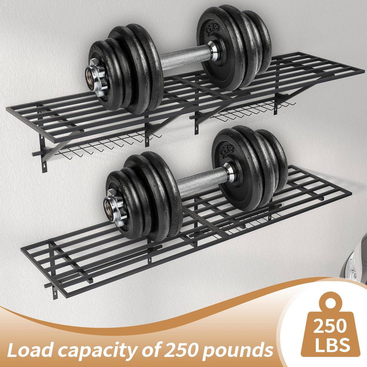 MKZYO Garage Wall Mounted Shelf,Heavy Duty Wall Shelving,Garage Storage Rack with Hooks,Sturdy Shelving,Shelves Organizer with Power Tools Hanger (Black, 35.43×19.68in*2) MKZYO