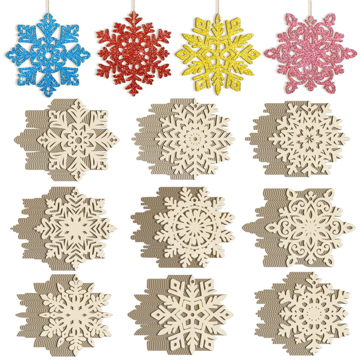 Wooden Christmas Snowflake Ornaments to Paint Christmas Decoration Cutouts Unfinished 36PCS, DIY Blank Unfinished Christmas Tree Wood Discs Ornament for Home Crafts Hanging Sophena